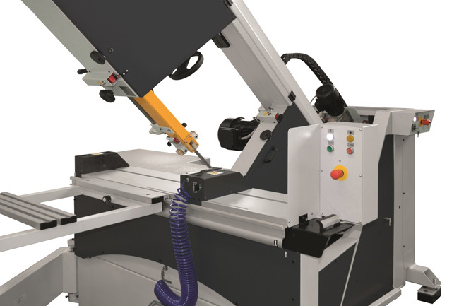Pneumatic clamping system for straight and bevel cuts, adjustable length